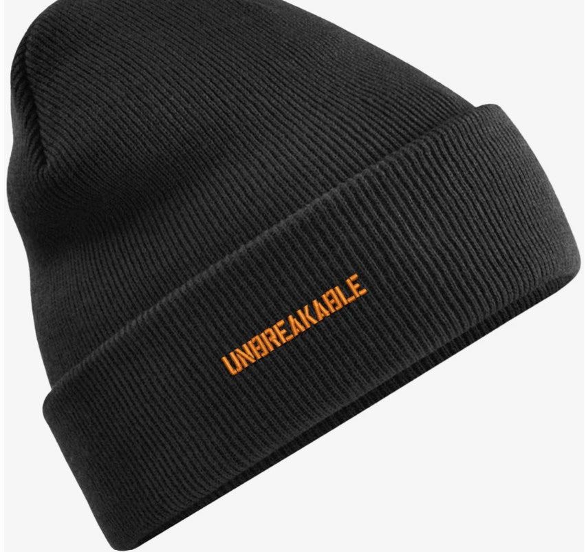 Unbreakable Beanie Hat Black with Orange Logo