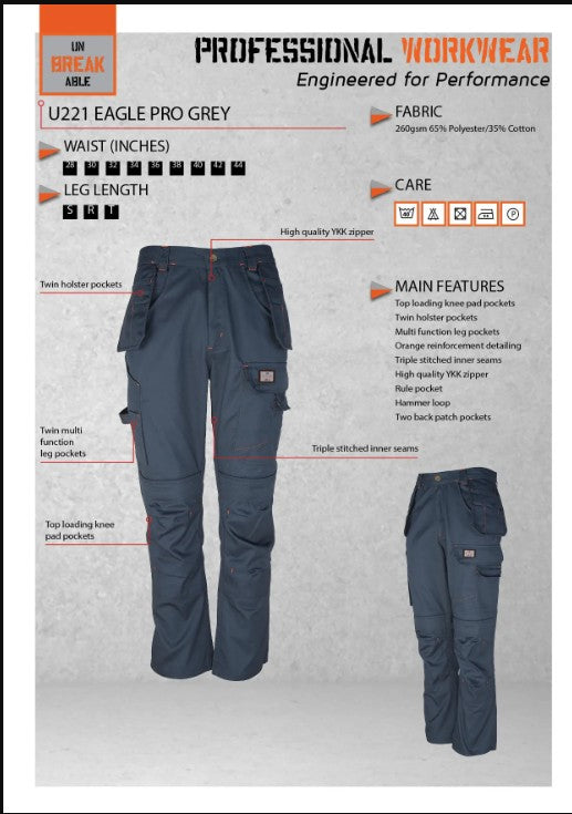 Unbreakable U221 Eagle Pro Grey Multi-Pocket Work Trouser